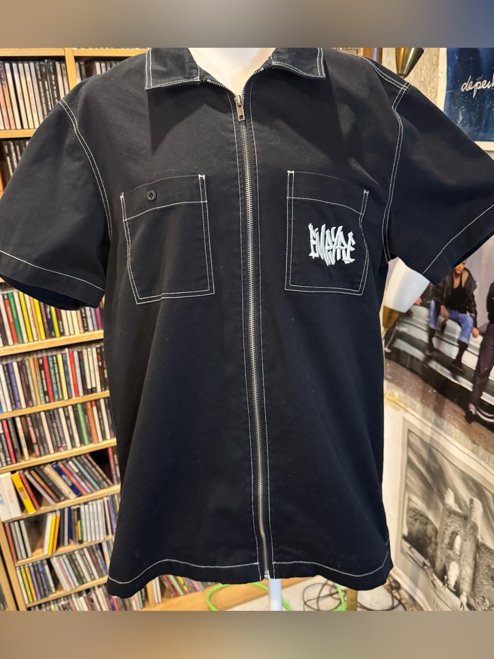 Empyre Black Short-Sleeve Zip Work Shirt with Contrast Stitching